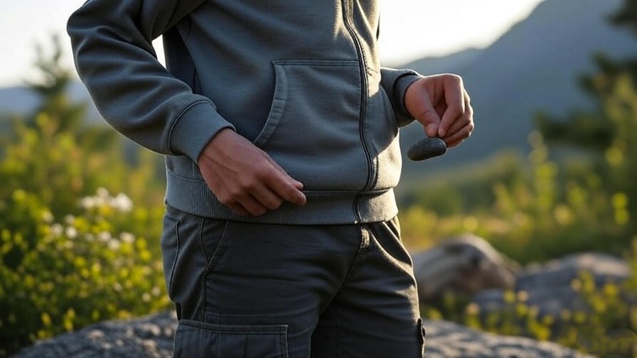 Person touching an obsidian meditation stone in their pocket with a serene mountain background.