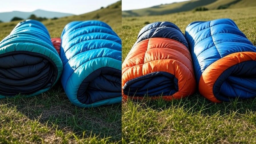 Comparison of Big Agnes sleeping bag and competitor on a grassy campsite.
