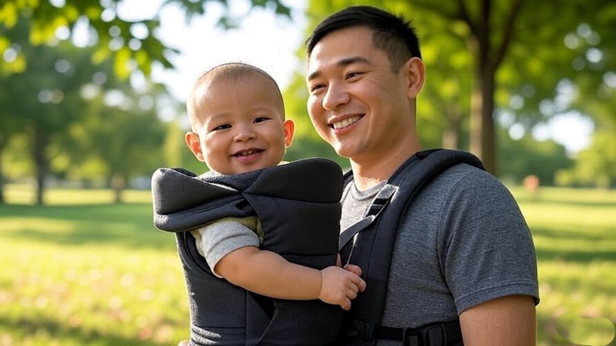 Parent and baby bonding in happy baby carrier in park