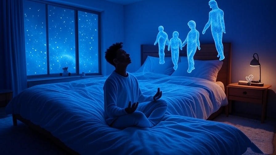 Person meditating in a tranquil bedroom with ethereal dream figures and starry window, symbolizing holistic well-being.