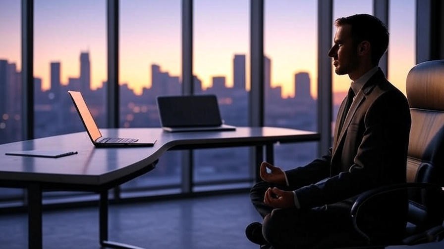 Professional meditating in a modern office with city skyline, symbolizing billionaire success habits.