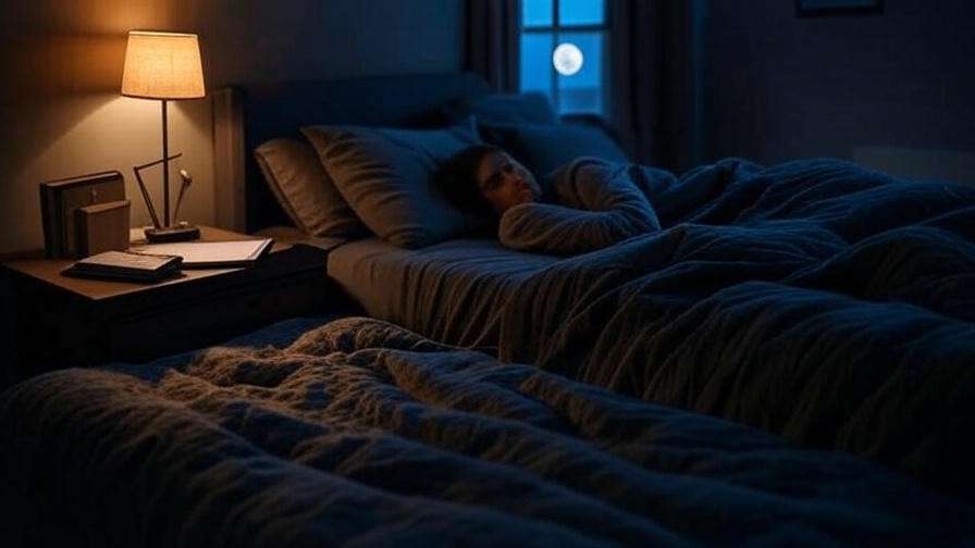 Tranquil bedroom with dim lighting and journal for dream meditation preparation.