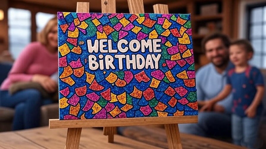  Vibrant handmade happy birthday sign on a wooden easel in a cozy indoor setting with warm lighting and blurred family members. 