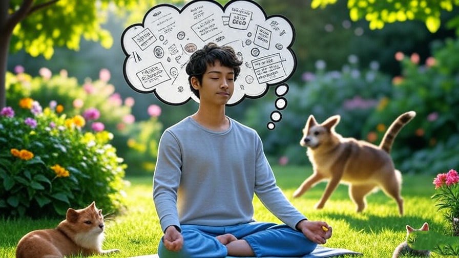 Person meditating with a chaotic thought bubble, distracted dog chasing tail, and peaceful cat in a lush garden.