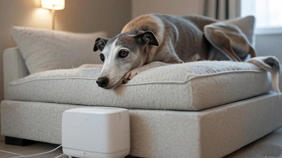 A senior Greyhound resting on an orthopedic bed with a white noise machine in a quiet home.