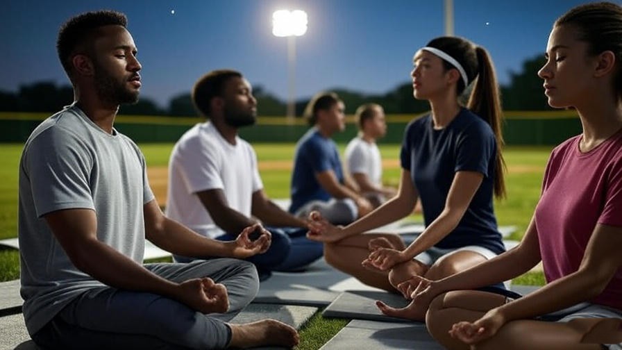 Athletes meditating at night on mats at Big League Dreams Manteca baseball field