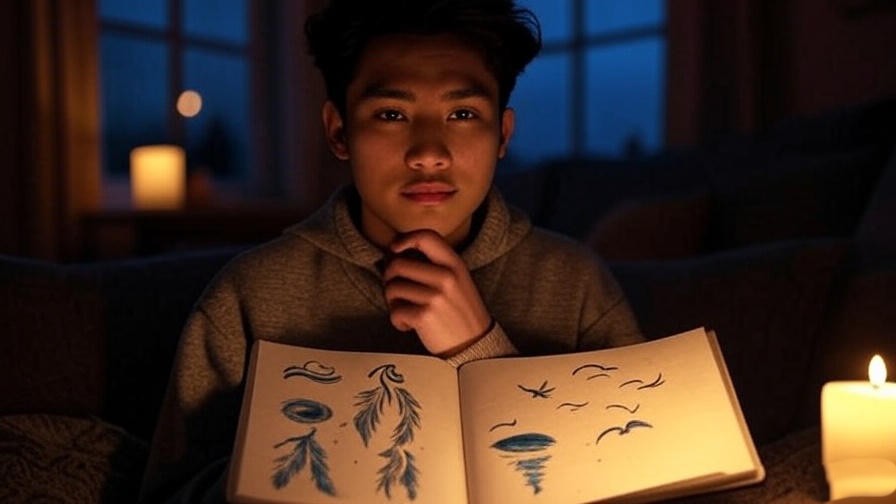 Person reflecting with a notebook of dream symbols in a candlelit room.