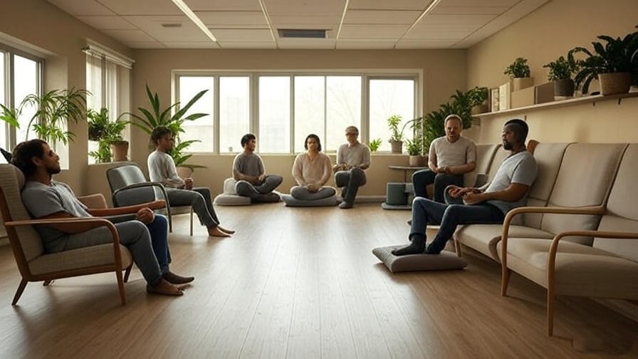 Serene office break room with coworkers meditating and relaxing, showcasing workplace well-being.
