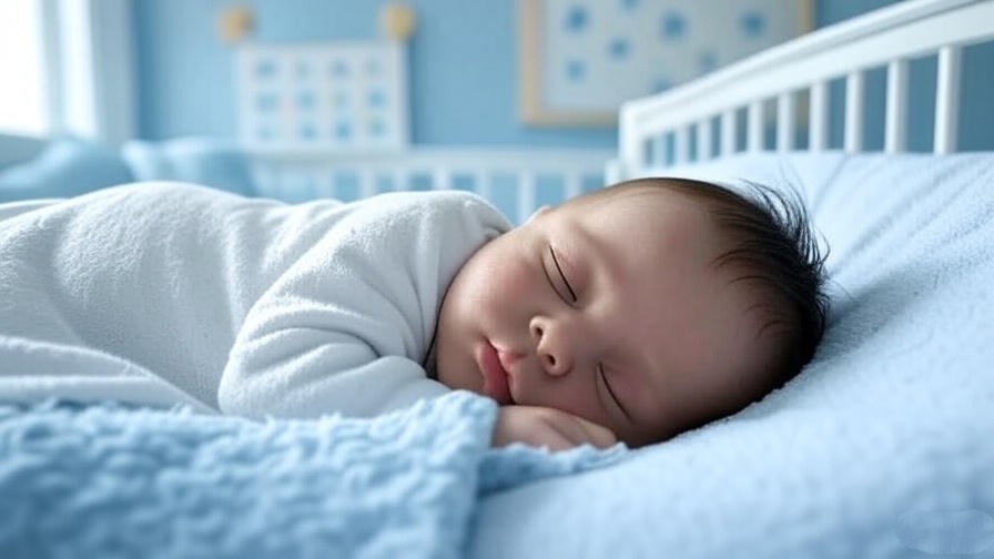 Newborn sleeping peacefully with sleep schedule in nursery background.