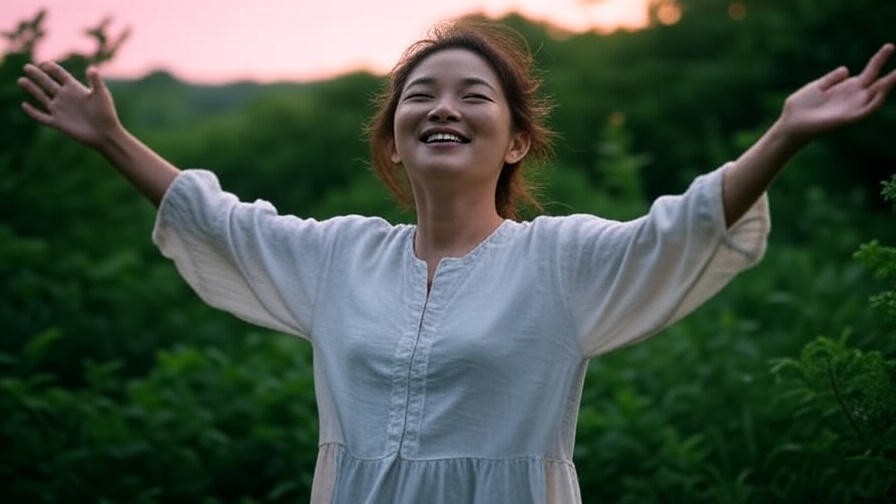 Person embracing nature at dawn after Katara Atanatos healing