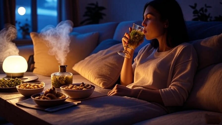 Serene happy hour at The Misfit with a person sipping a mocktail and healthy snacks, promoting calm. 