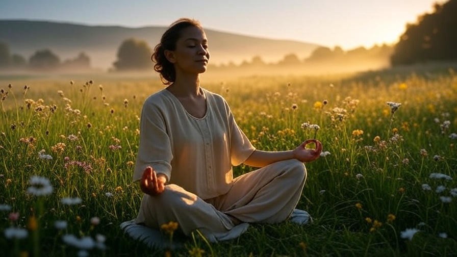 Person meditating in a tranquil meadow at sunrise for inner peace and emotional balance.