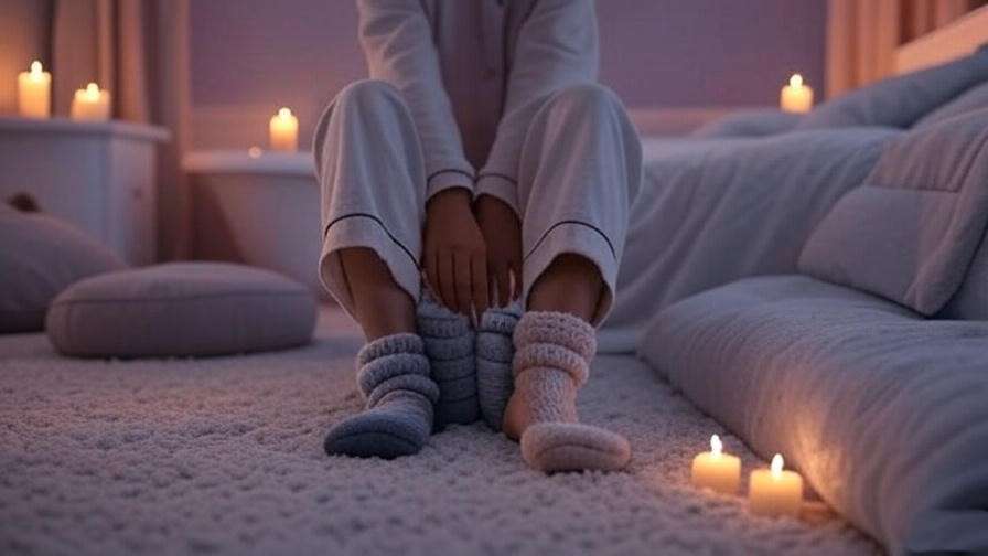 Person putting on sleep socks with a cozy bedtime routine setup. 