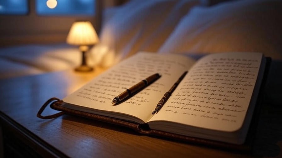 Open journal with gratitude notes for better sleep on a nightstand