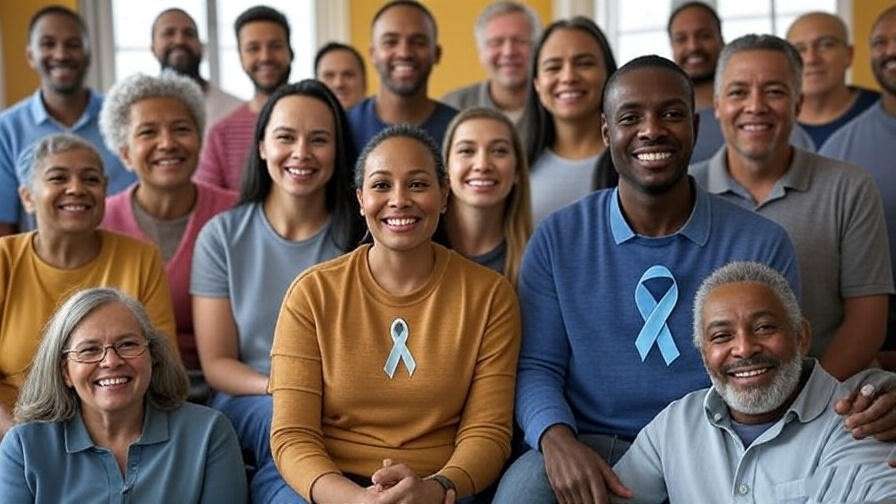 Diverse group advocating sleep apnea awareness with awareness ribbon