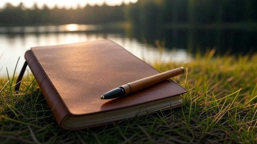 Journal and pen on grassy shore near Timothy Lake for mindfulness