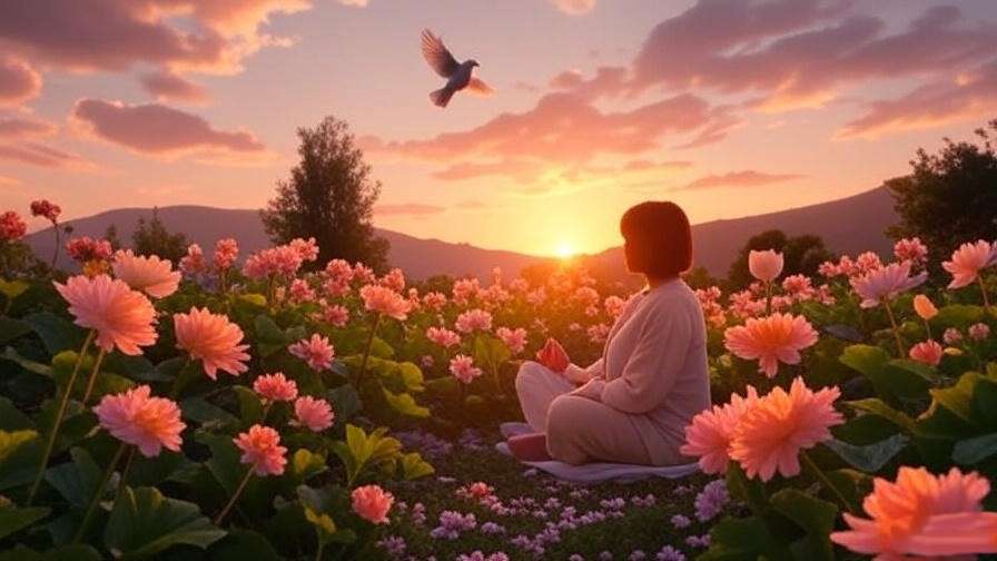 Person meditating in a peaceful garden at sunset with flowers and a dove.