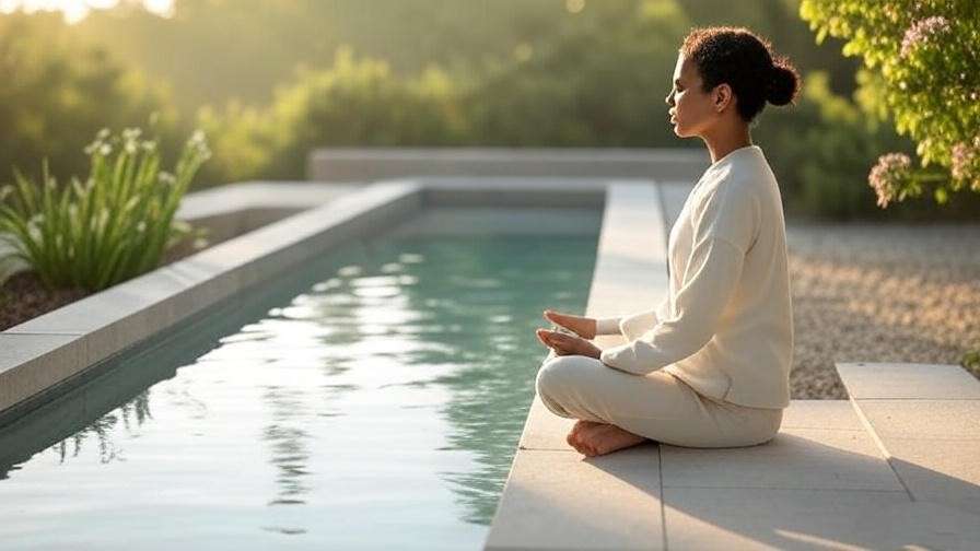 Person meditating beside a minimalist backyard meditation pool