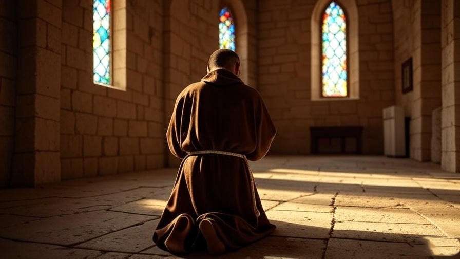 Monk praying in a monastery with stained glass windows