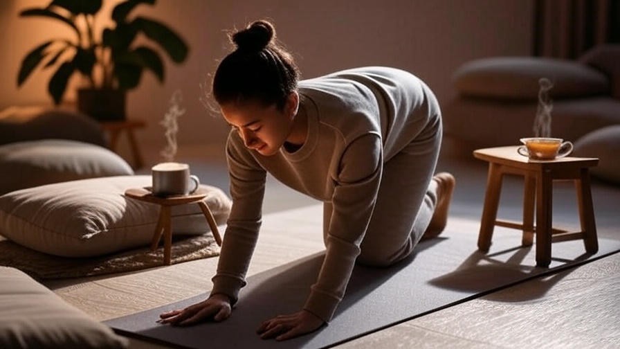 Person practicing gentle yoga in a cozy room with candle and herbal tea for Sunday happy hour relaxation