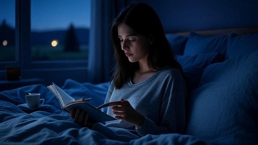 Person journaling on bed for calmful sleep mindfulness practice