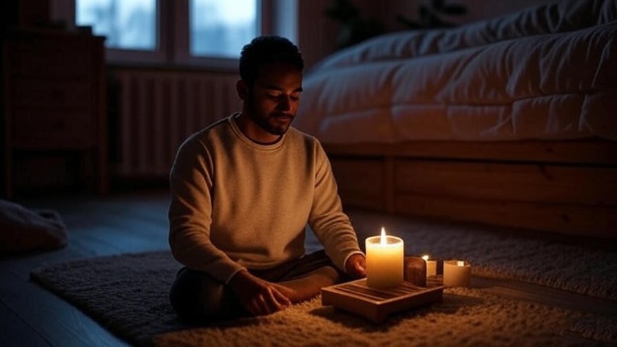 Person meditating with a glowing meditation candle in a cozy room.