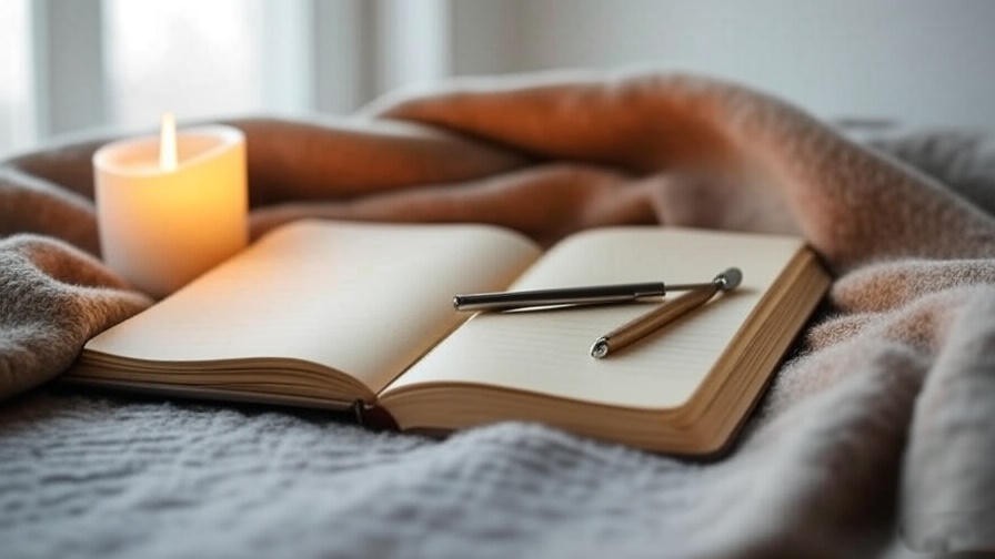 Open mindfulness journal with pen and candle in cozy setting