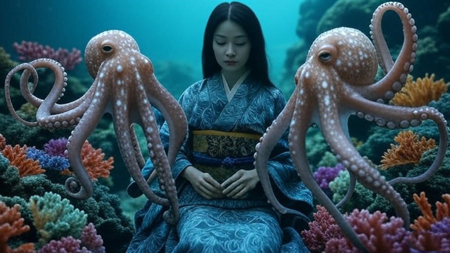 Serene underwater scene with a woman in a kimono and octopuses, inspired by Dream of the Fisherman's Wife artwork.