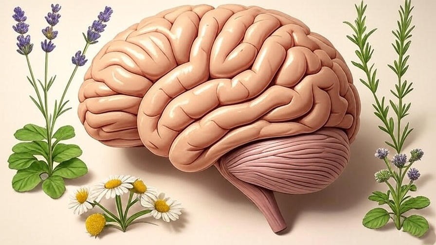 Illustration of brain limbic system with lavender, chamomile, and mugwort