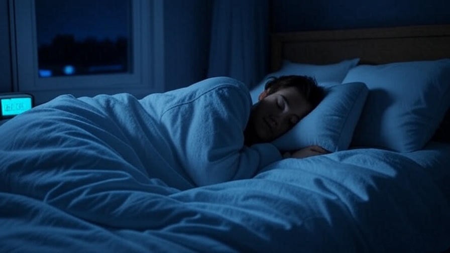 Calm bedroom with person sleeping, clock at 2 a.m., and phone blue light, illustrating sleep disruption.
