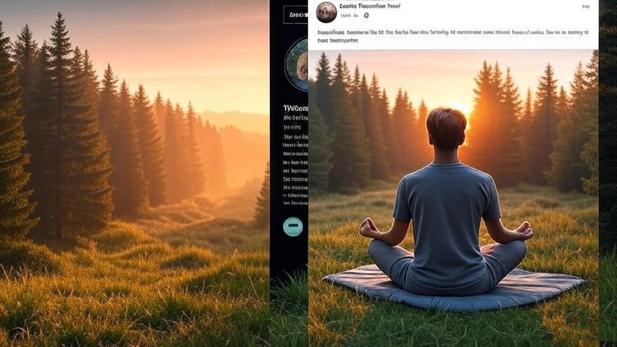 Split-screen of meditation blog and social media post with calming AI-generated background