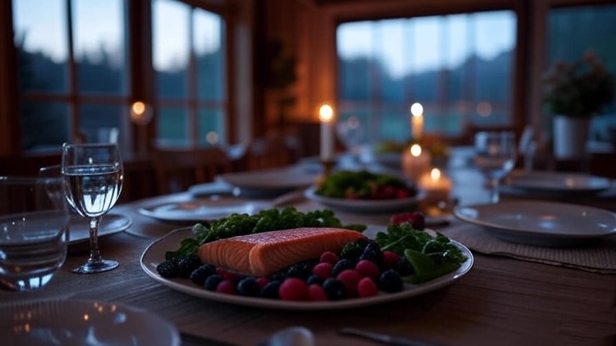 Tranquil dining scene with salmon, berries, and greens at Medit Bistro, softly lit by candlelight.