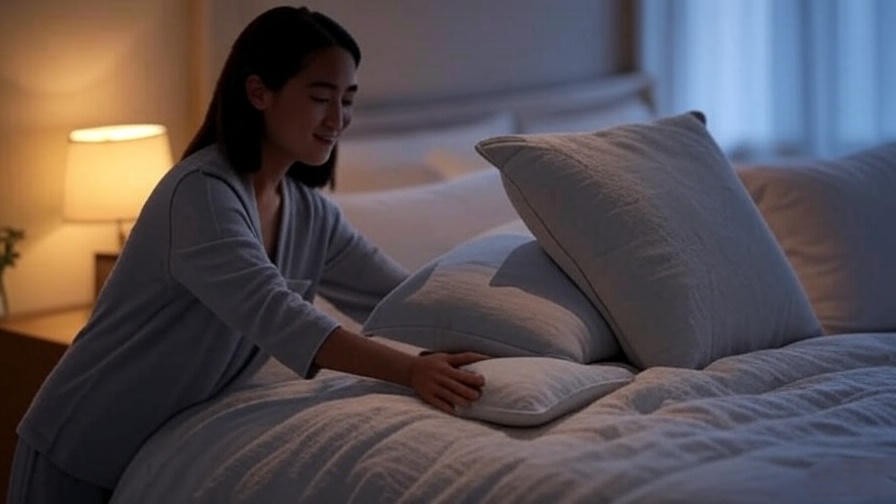 Person preparing for bed in a tranquil bedroom with warm lighting.