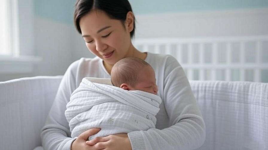 Step-by-step swaddling process with muslin blanket in a minimal nursery