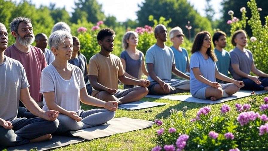 Diverse group meditating in a peaceful community garden.