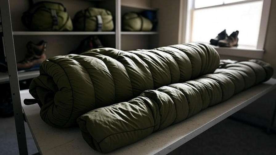Military sleeping bag stored in breathable sack for proper maintenance.