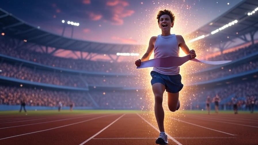 Runner crossing finish line in a dreamlike stadium symbolizing lucid dreaming success