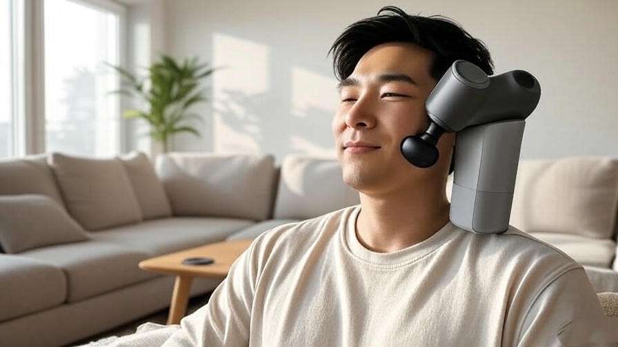 Person using a portable massage gun for relaxation in a modern living room