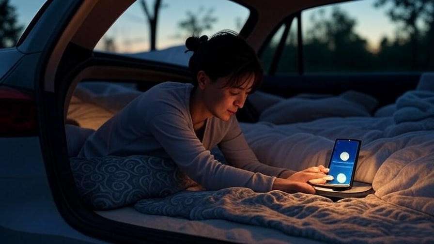  Person stretching inside hatchback with meditation app for pre-sleep routine.
