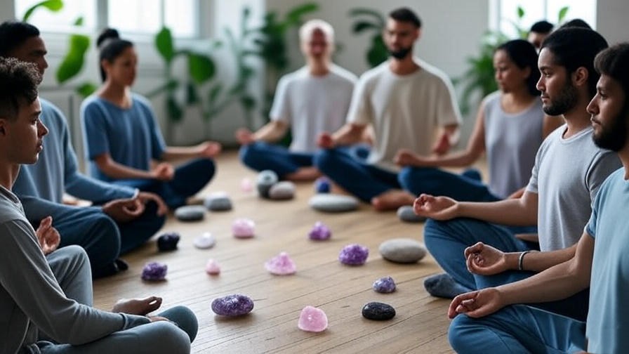 Group meditating with meditation stones like rose quartz and amethyst in a serene indoor setting.