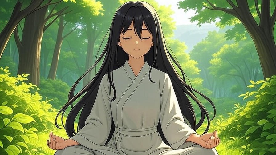 Anime character meditating in a serene forest glade, promoting mindfulness and relaxation