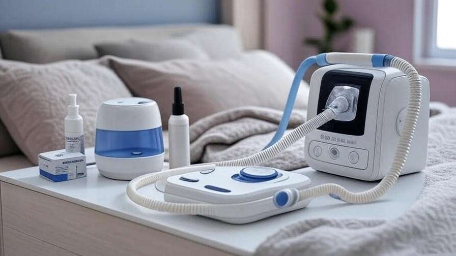 Realistic image of a modern bedroom with a CPAP machine, nasal spray, and nasal strips on a bedside table, representing non-surgical treatments for sleep apnea and deviated septum.
