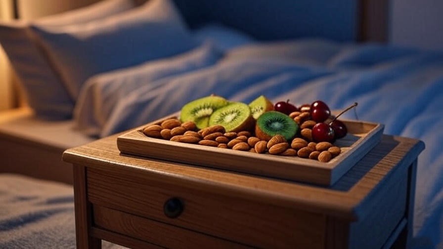 Healthy sleep-friendly snack with kiwi, almonds, and cherries on a bedside tray