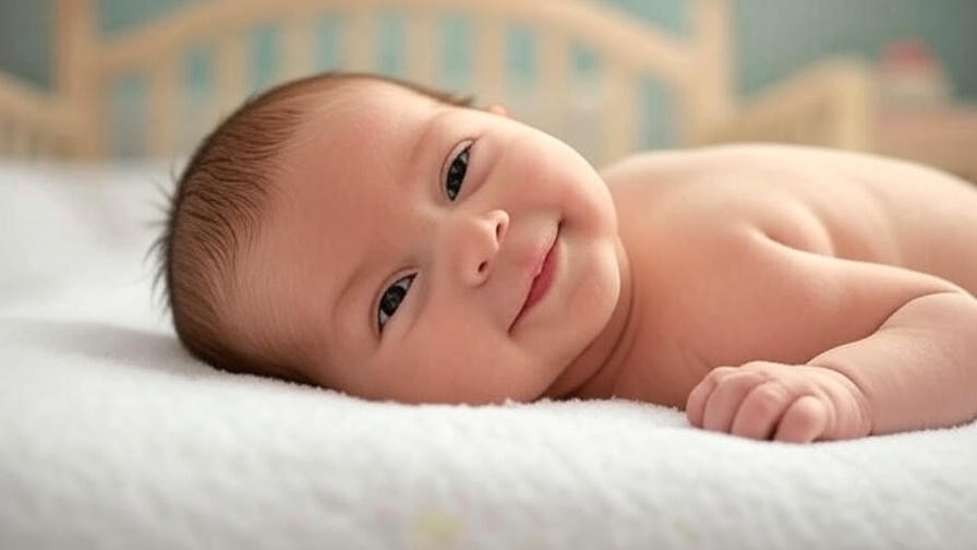 Newborn baby smiling in sleep on crib mattress in soothing nursery setting