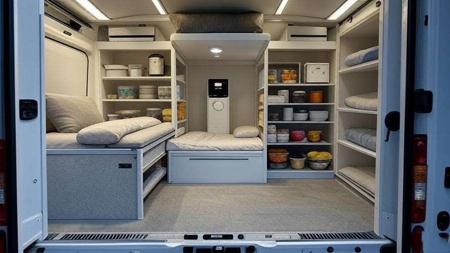 Box truck interior with kitchen, sleeper, and air purifier.