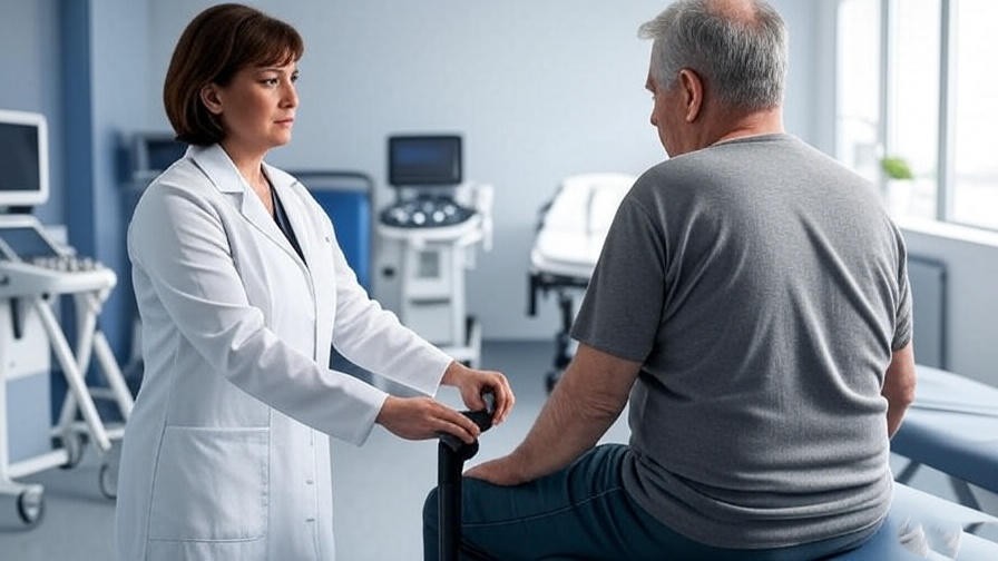Physical therapist assisting patient with IT band pain assessment.
