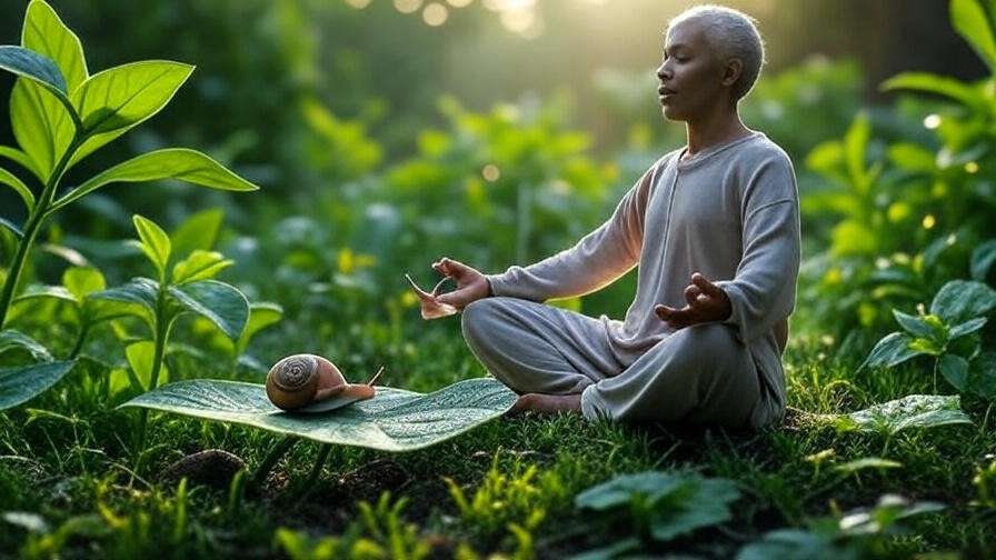 Person meditating in garden with snail on leaf