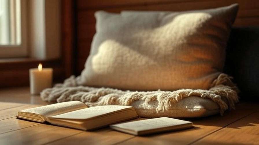 Cozy meditation corner with cushion, candle, and journal in natural light.