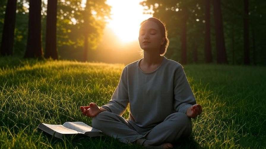 Person meditating with an open Bible in a peaceful forest clearing at sunrise