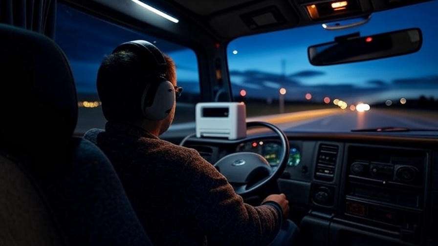 Noise reduction setup in Ford sleeper truck with white noise machine and headphones.